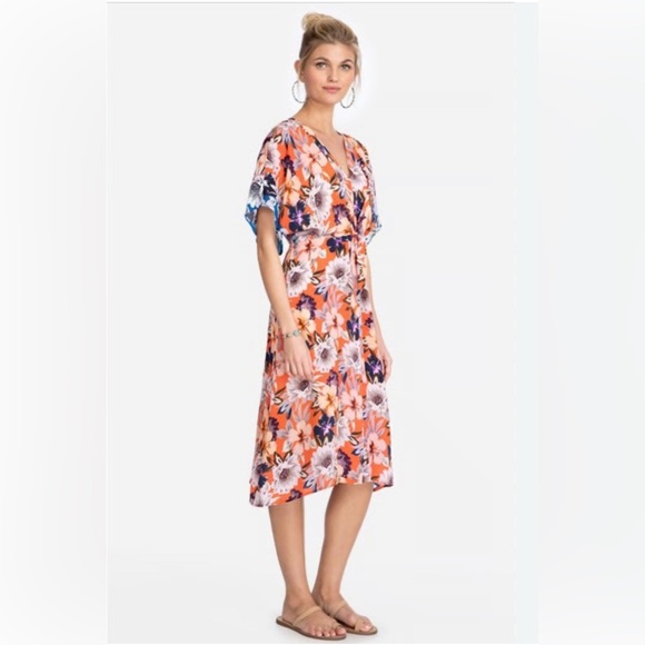 Johnny Was Jade Deepika Tie Front Midi Floral Silky Orange Dress - Picture 1 of 12